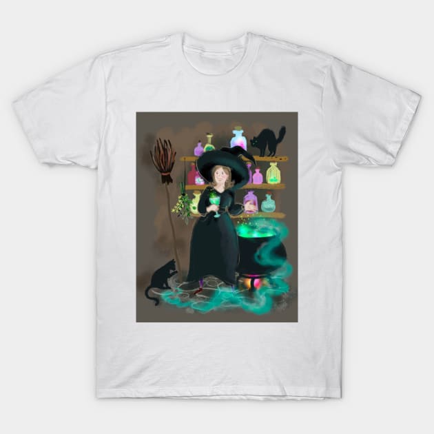 Witch brewing potion T-Shirt by Orangerinka